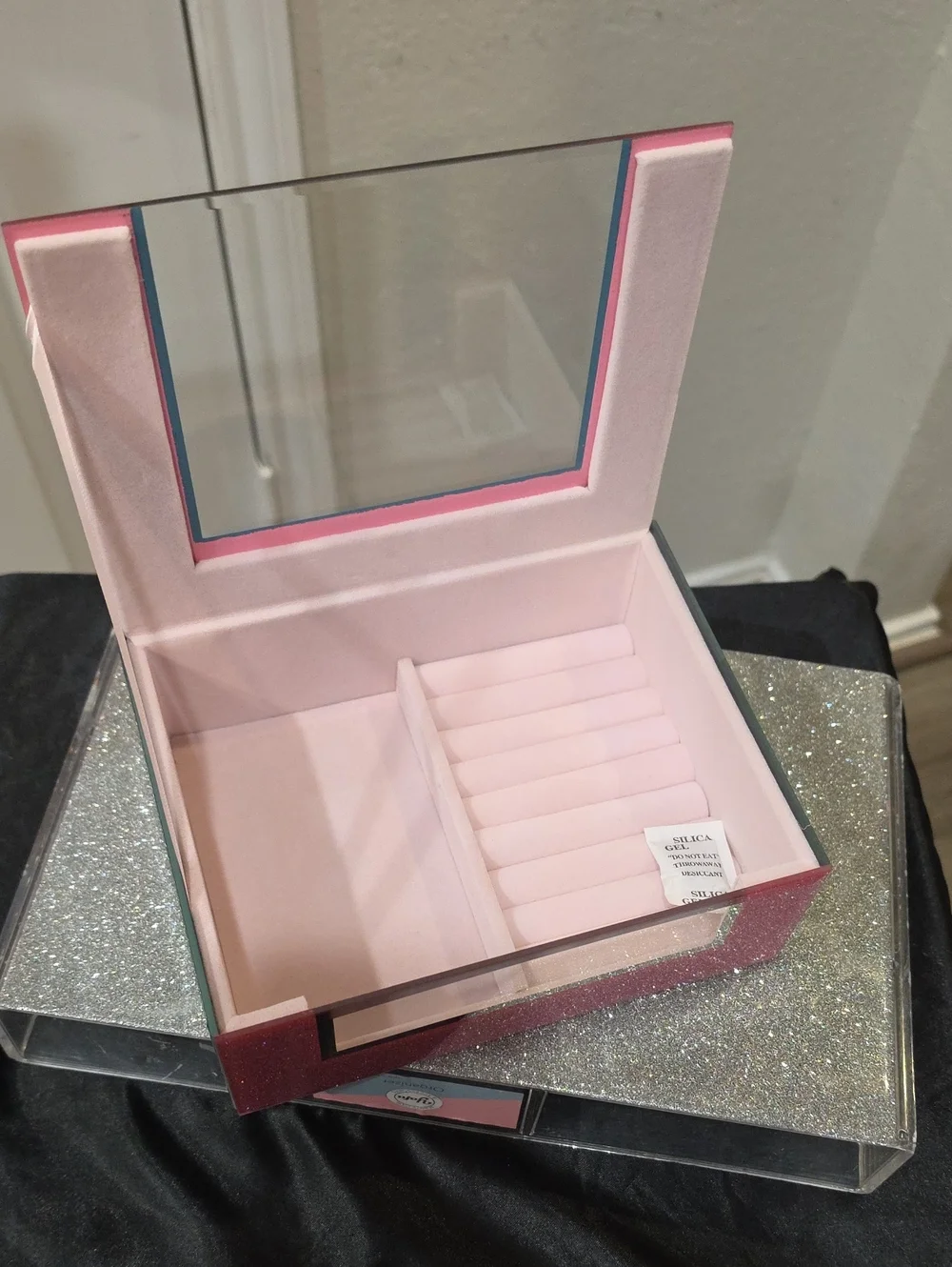 At Home Pink Glitter Mirrored Decorative Jewelry Organizer Box